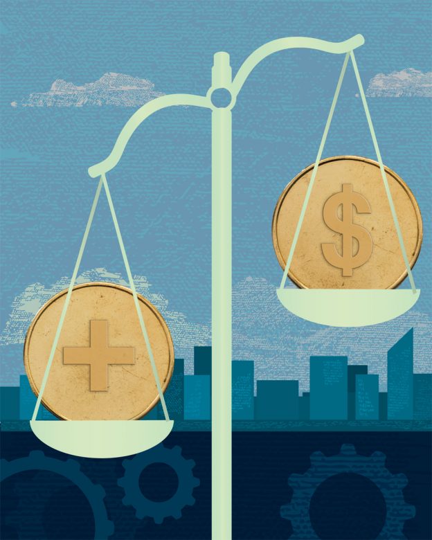 A scale with two coins shows the balancing act between safety and finances