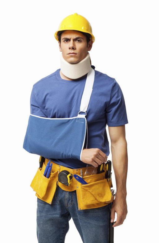 A young construction worker with a cast on his arm from an injury