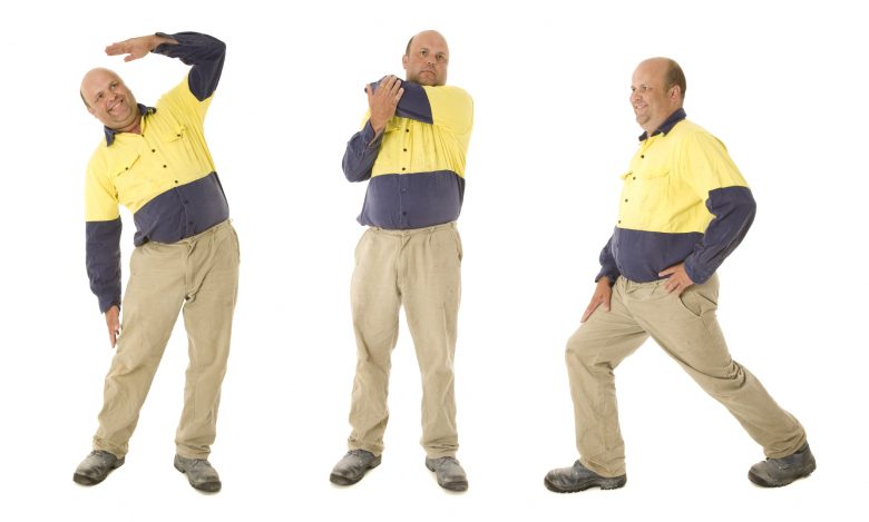 A worker demonstrates three different stretches