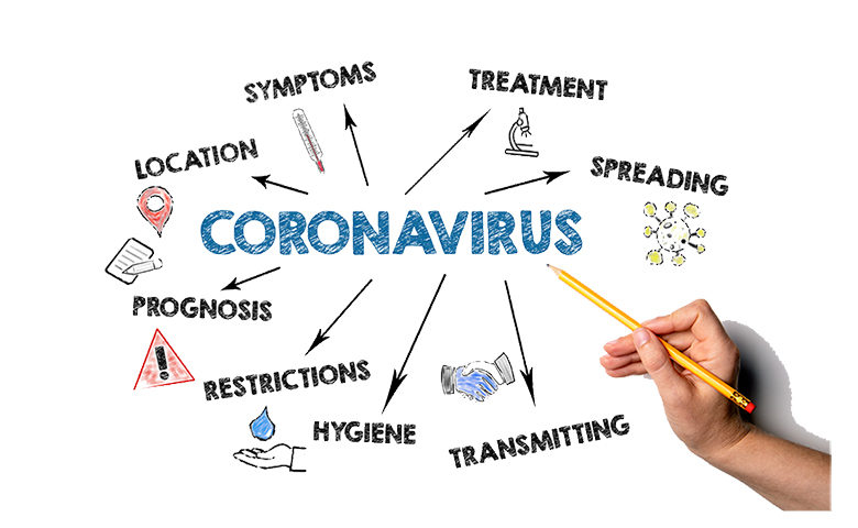Coronavirus. Symptoms, spreading, transmitting and restrictions concept. Chart with keywords and icons