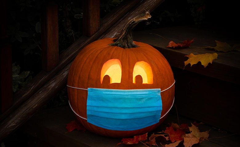 Lighted Halloween Jack o Lantern Pumpkin Wearing COVID PPE Mask